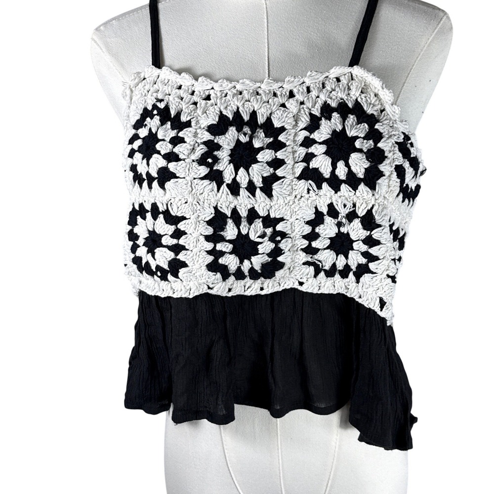 Rebellion Again Black White Crochet Floral Peplum‎ Camisole Top Medium Boho Tie